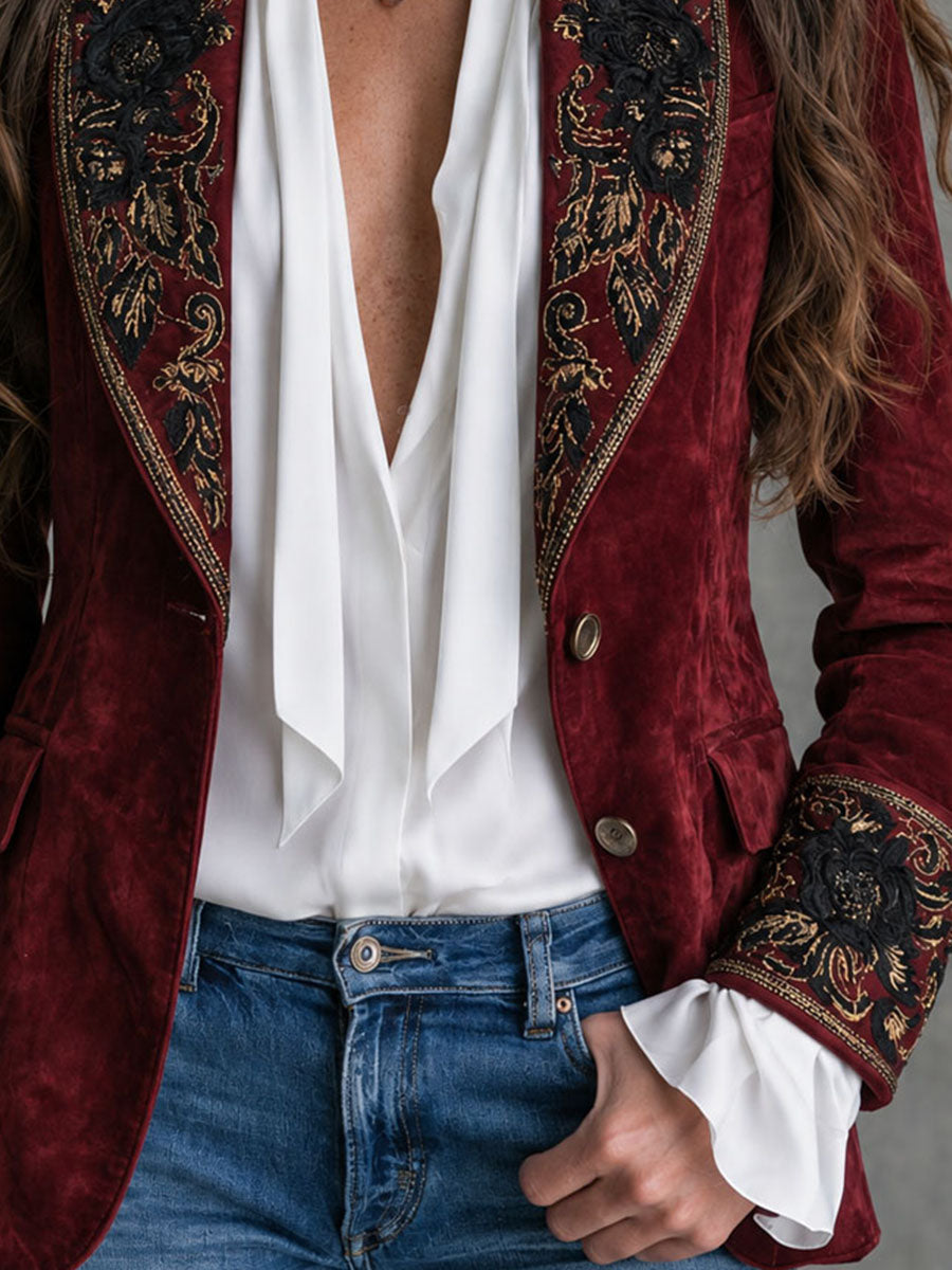 Gwenna Floral Embroidered Blazer - Burgundy