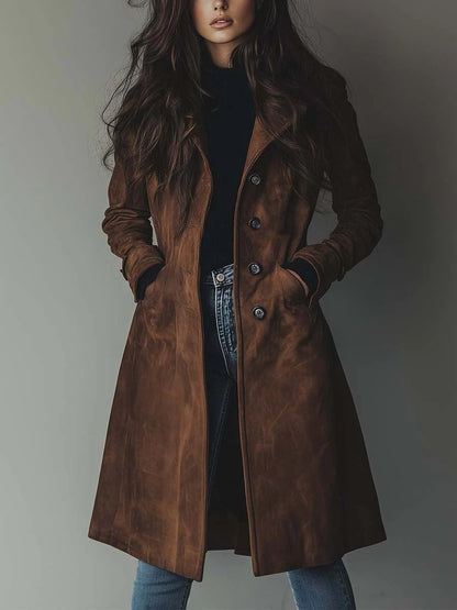 Haley Suede Tailored Button Front Long Coat