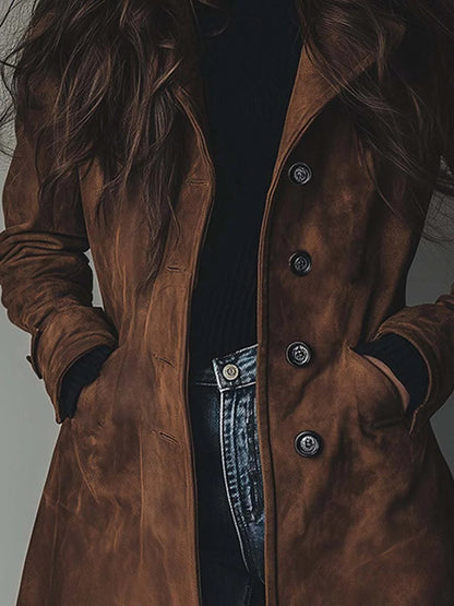 Haley Suede Tailored Button Front Long Coat