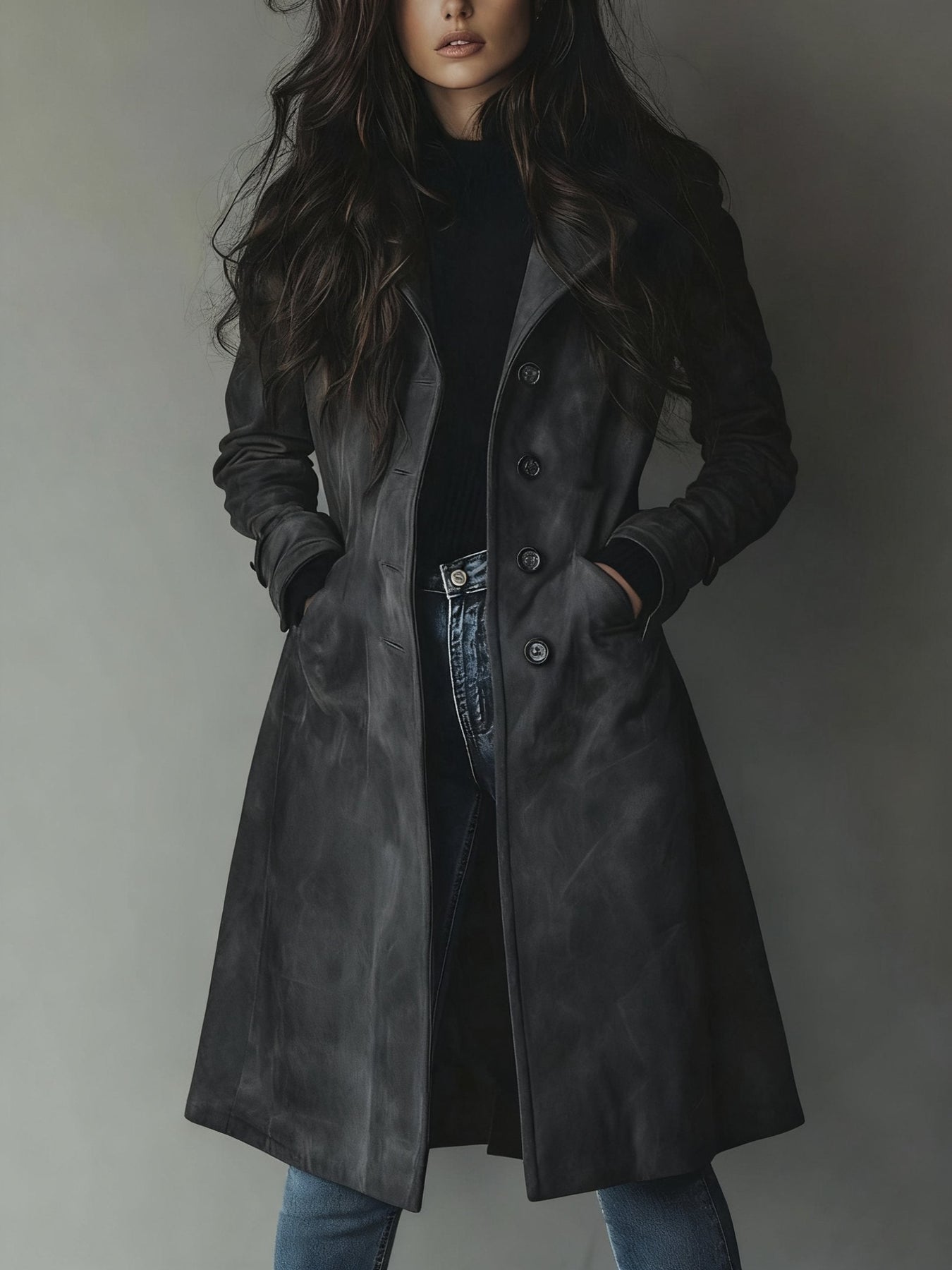 Haley Suede Tailored Button Front Long Coat