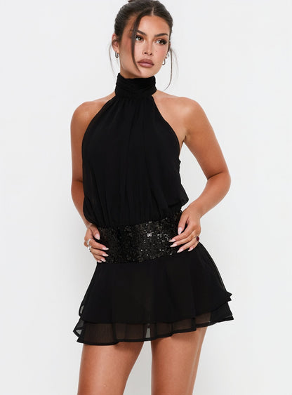 Halima Halter Sequin Mini Dress - Black