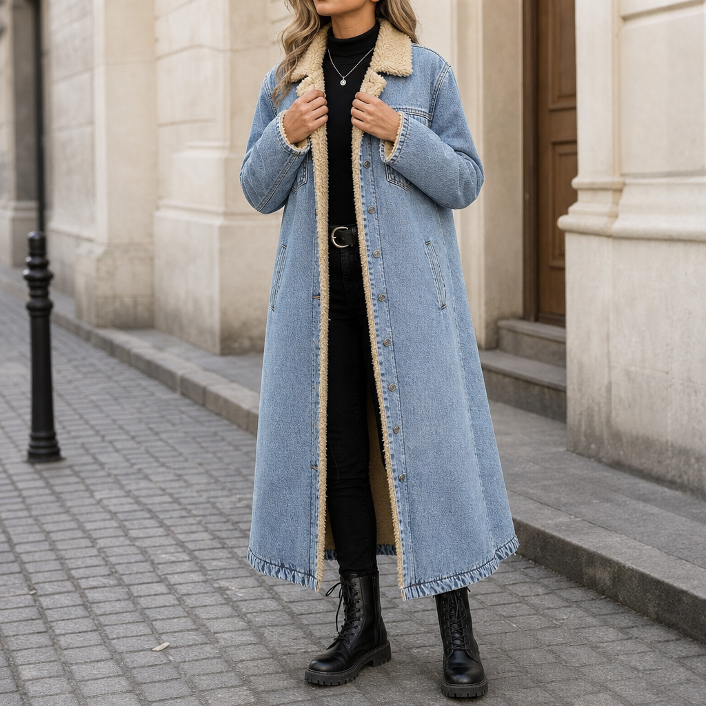 Halla Sherpa-Lined Denim Coat - Sky Blue