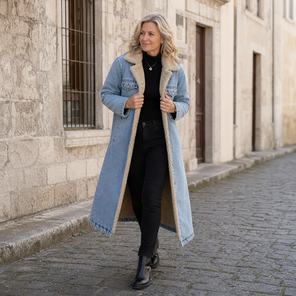 Halla Sherpa-Lined Denim Coat - Sky Blue