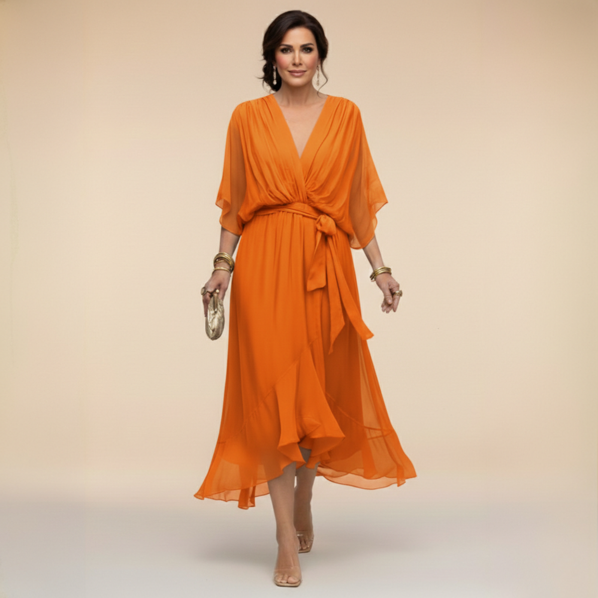 Halle Wrap Midi Dress - Orange