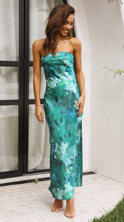 Front view strapless green floral maxi dress with ruched bodice