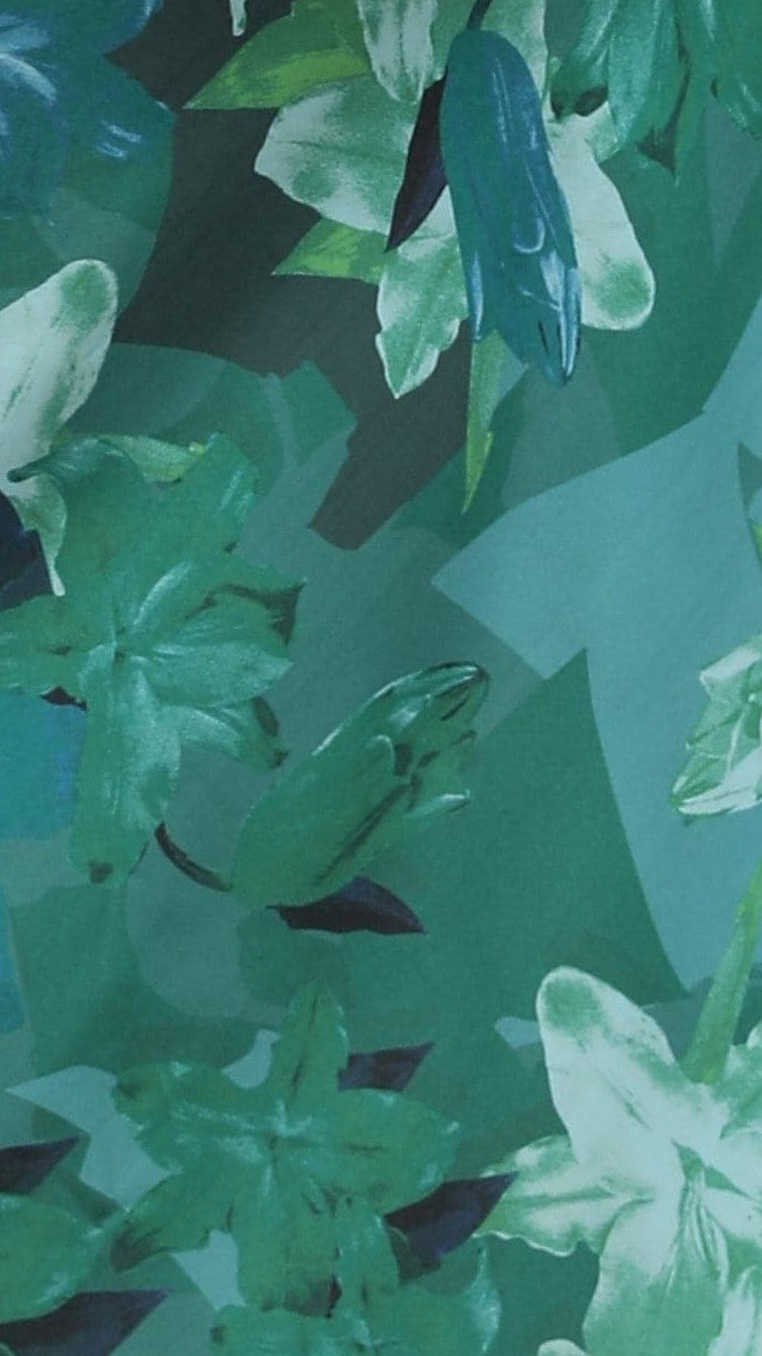 Close-up of turquoise and green floral print fabric detail