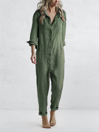 Sage green linen pocket jumpsuit with button front and rolled sleeves