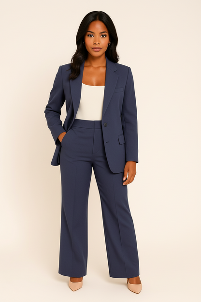 Navy tailored blazer wide-leg pants professional set for women