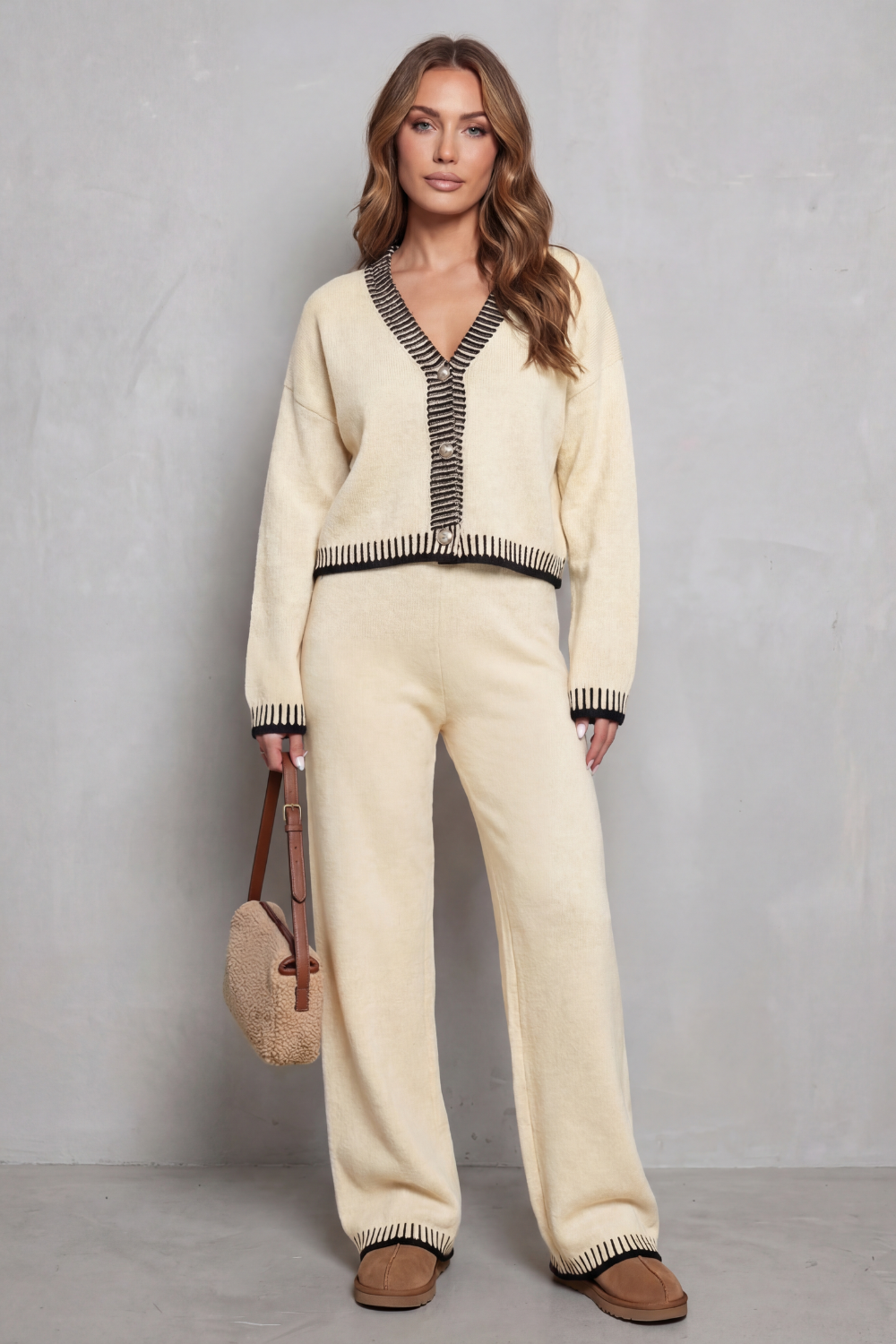 Hartley Contrast Trim Knit Loungewear Set - Ivory