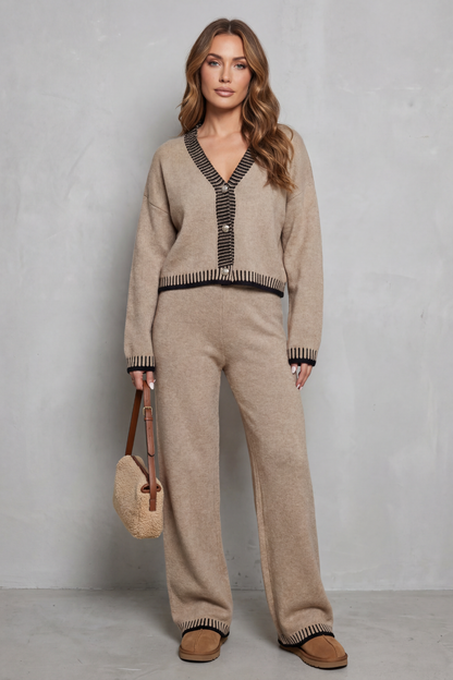 Hartley Contrast Trim Knit Loungewear Set - Khaki
