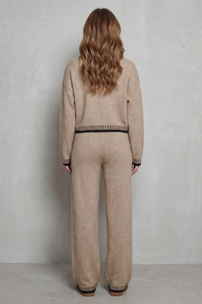 Hartley Contrast Trim Knit Loungewear Set - Khaki