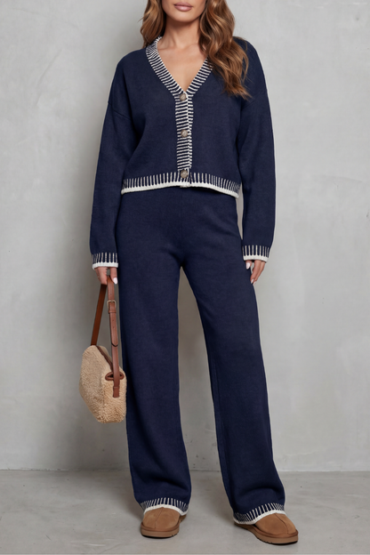 Hartley Contrast Trim Knit Loungewear Set - Navy