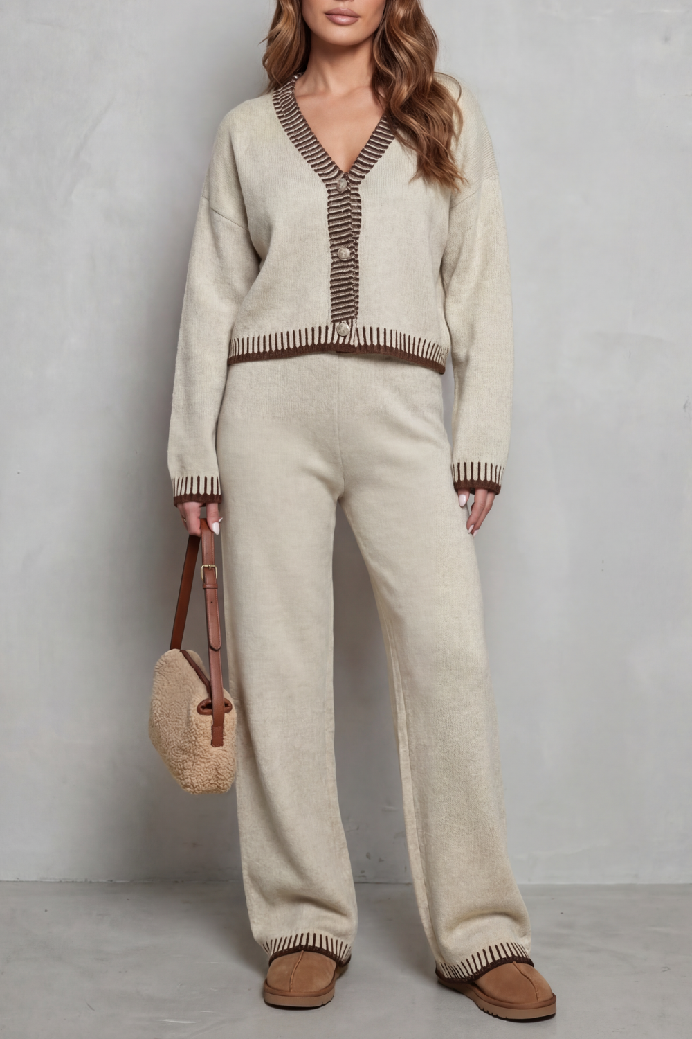 Hartley Contrast Trim Knit Loungewear Set - Oatmeal