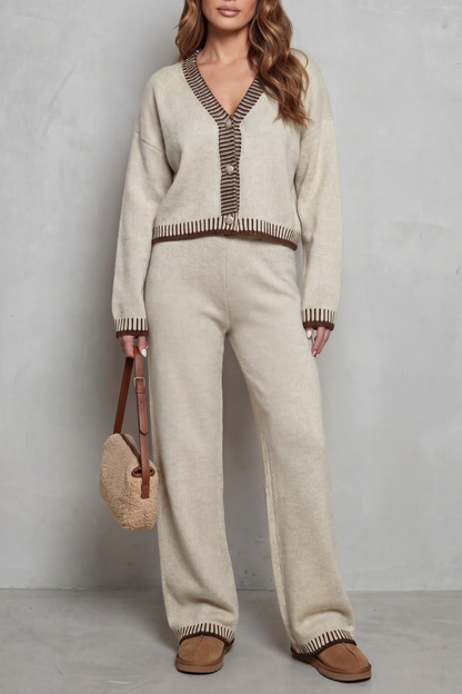 Hartley Contrast Trim Knit Loungewear Set - Oatmeal