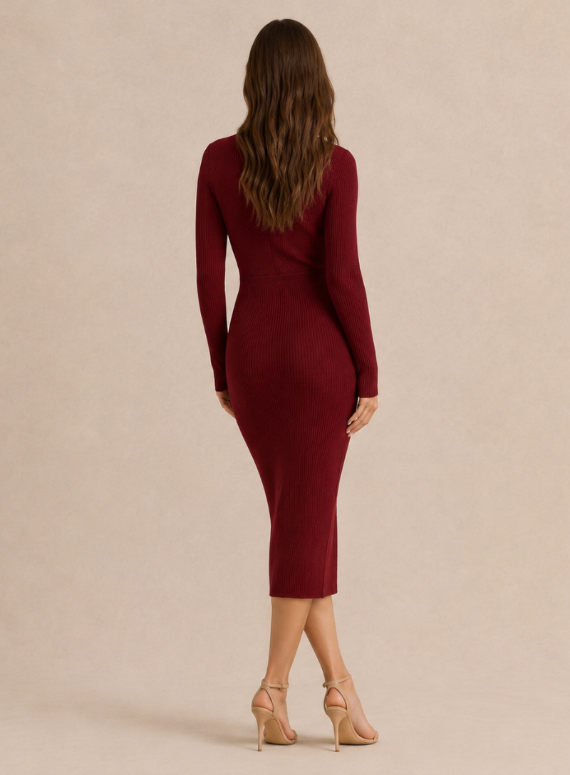 Hedda Surplice Ribbed Knit Midi Dress - Burgundy