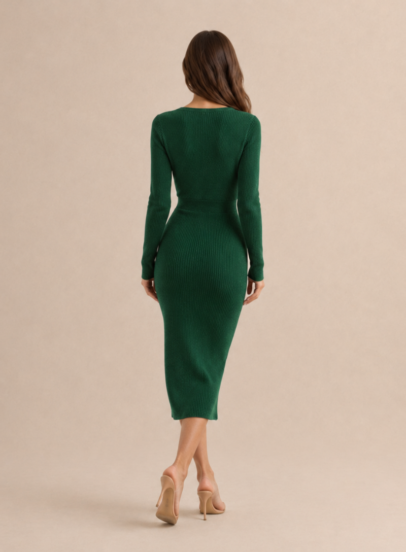 Hedda Surplice Ribbed Knit Midi Dress - Green