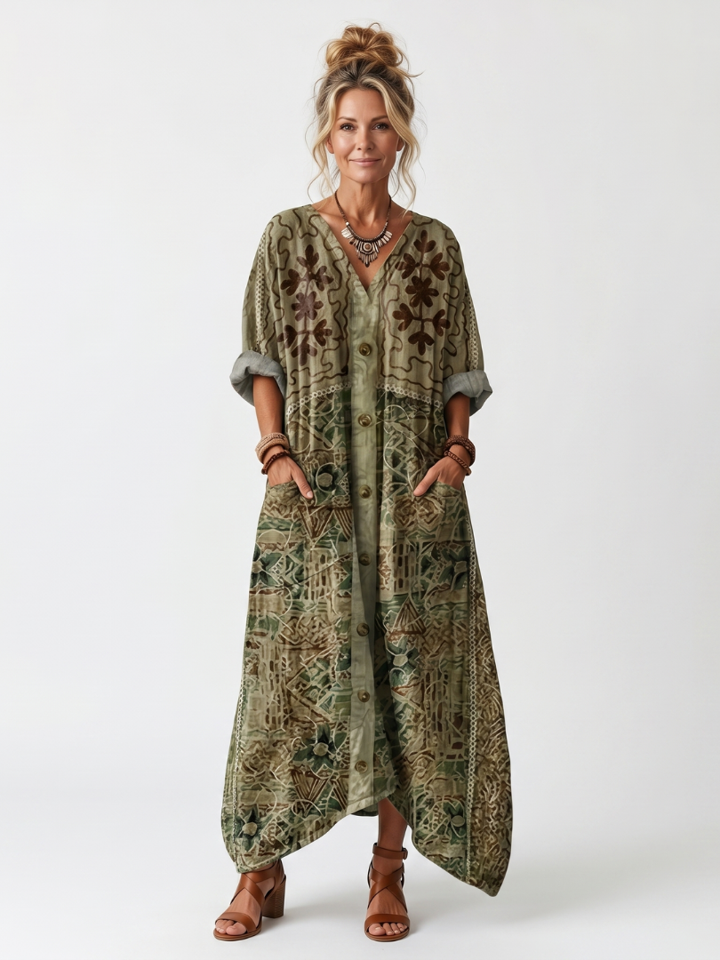 Hedy Embroidered Button-Front Maxi Dress - Olive Green Floral