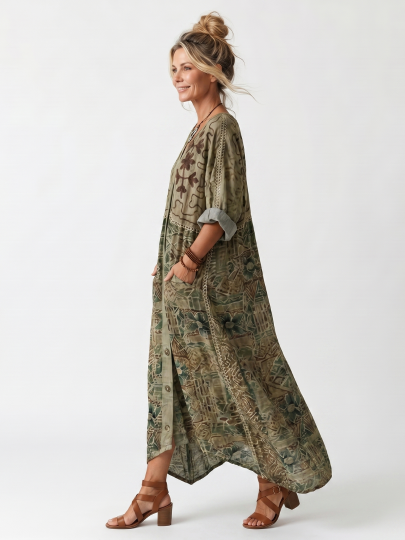 Hedy Embroidered Button-Front Maxi Dress - Olive Green Floral