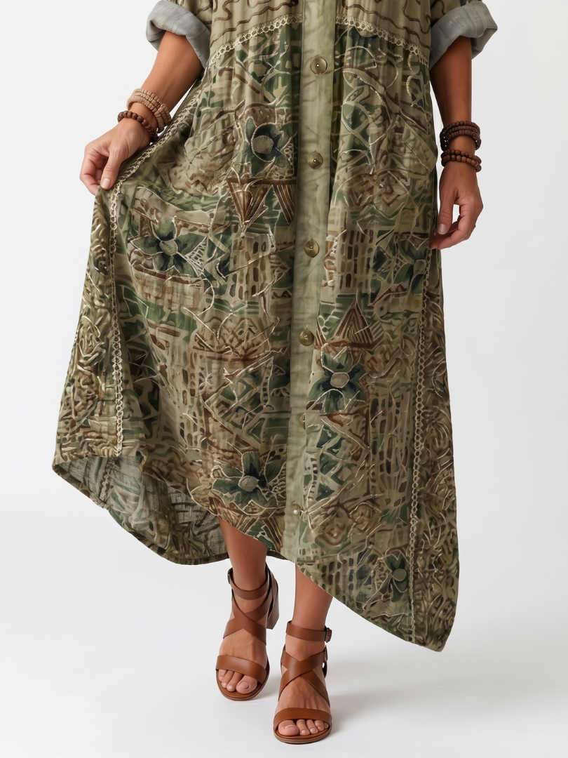 Hedy Embroidered Button-Front Maxi Dress - Olive Green Floral