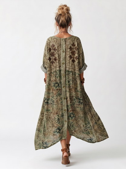 Hedy Embroidered Button-Front Maxi Dress - Olive Green Floral