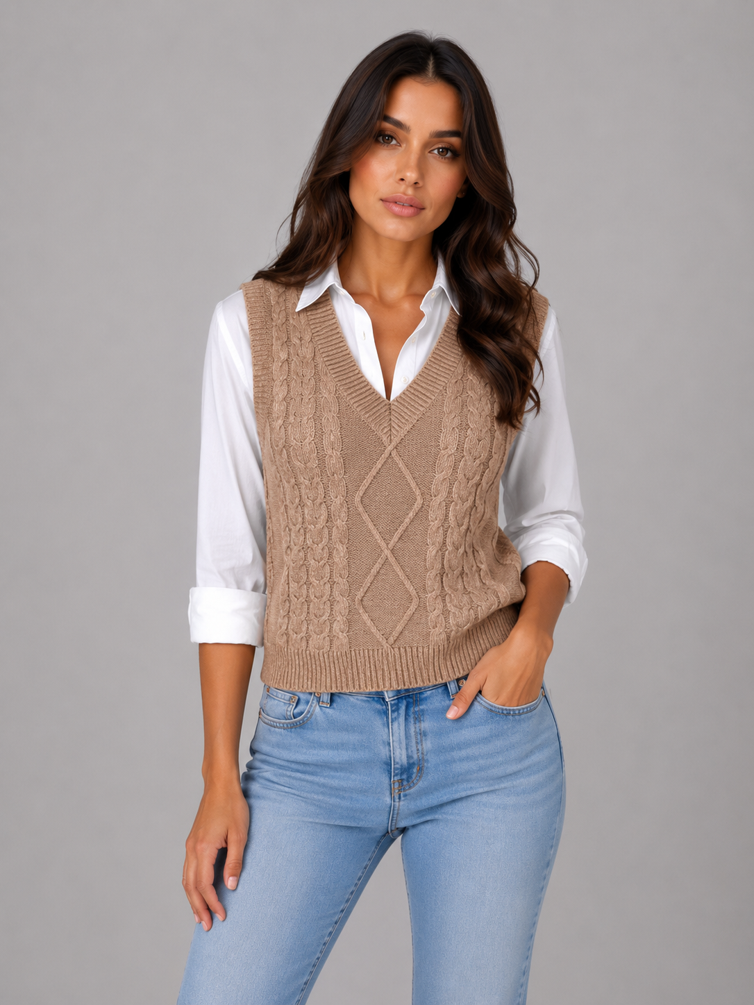 Henny Cable Knit Vest - Khaki