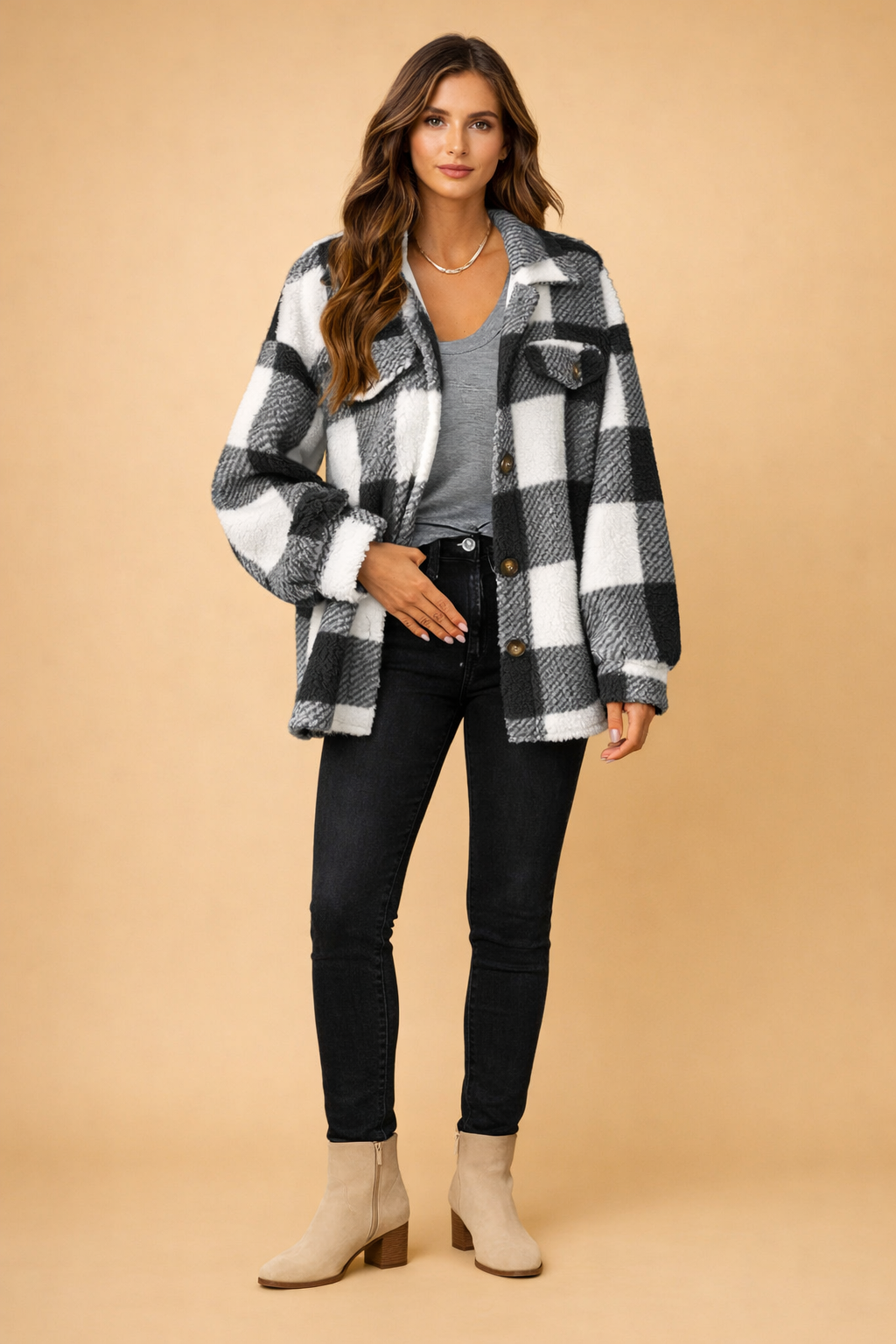 Hesper Plaid Teddy Fleece Shirt Jacket - Charcoal Plaid