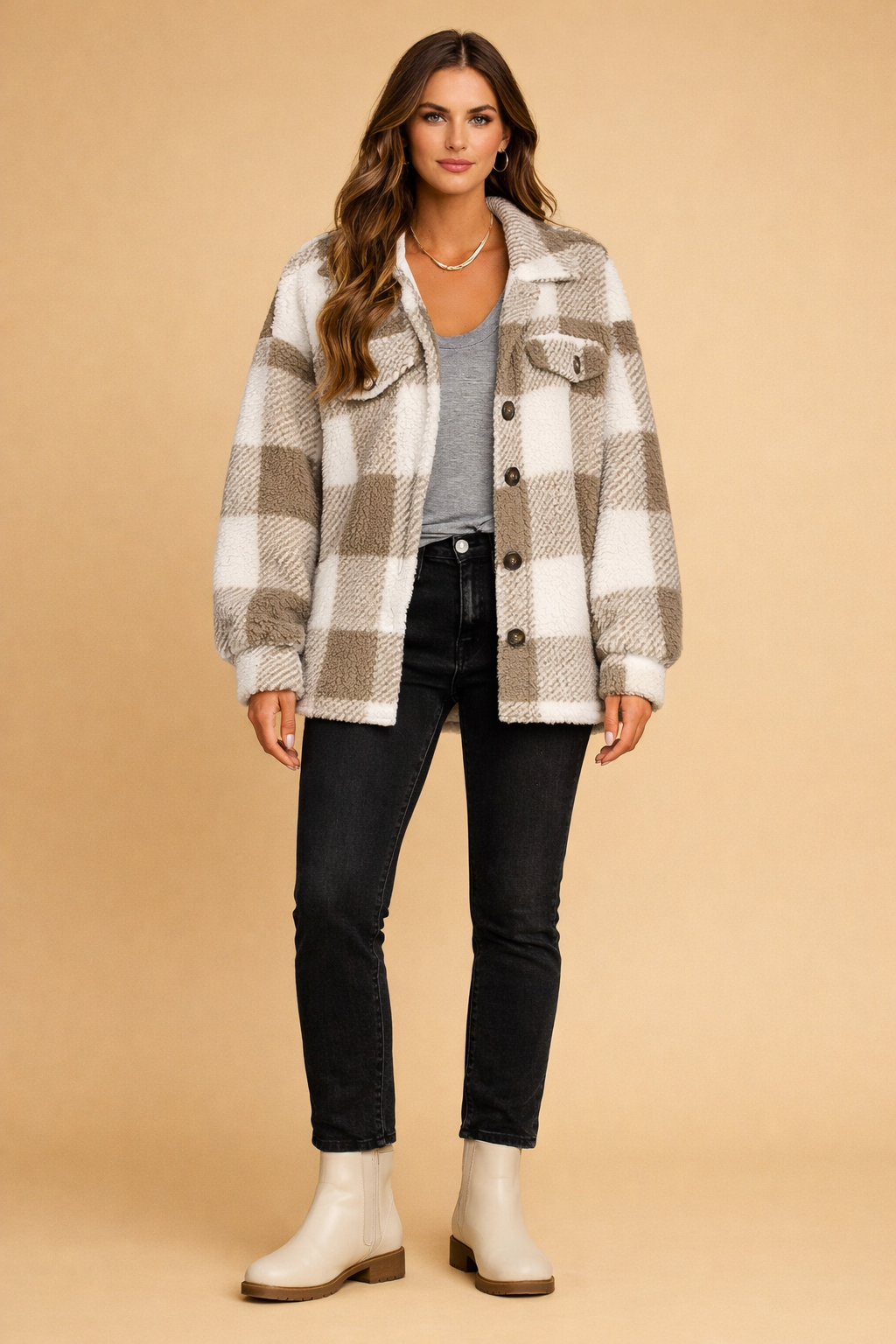 Hesper Plaid Teddy Fleece Shirt Jacket - Taupe Plaid