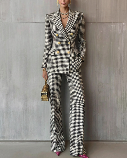 Hester Double-Breasted Blazer Pant Set - Black and White Houndstooth