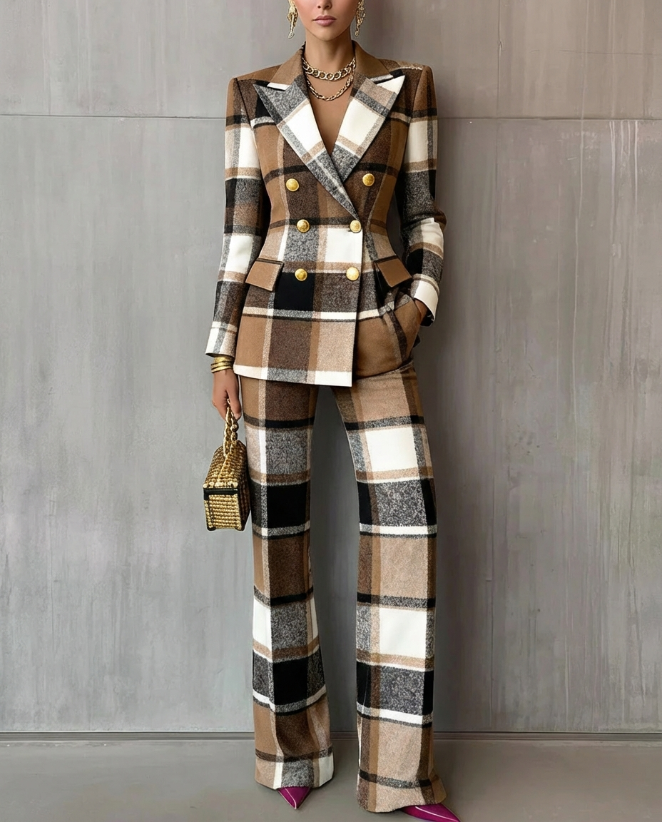 Hester Double-Breasted Blazer Pant Set - Brown Plaid