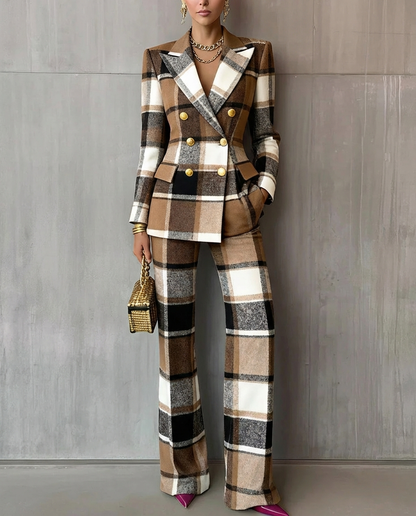 Hester Double-Breasted Blazer Pant Set - Brown Plaid
