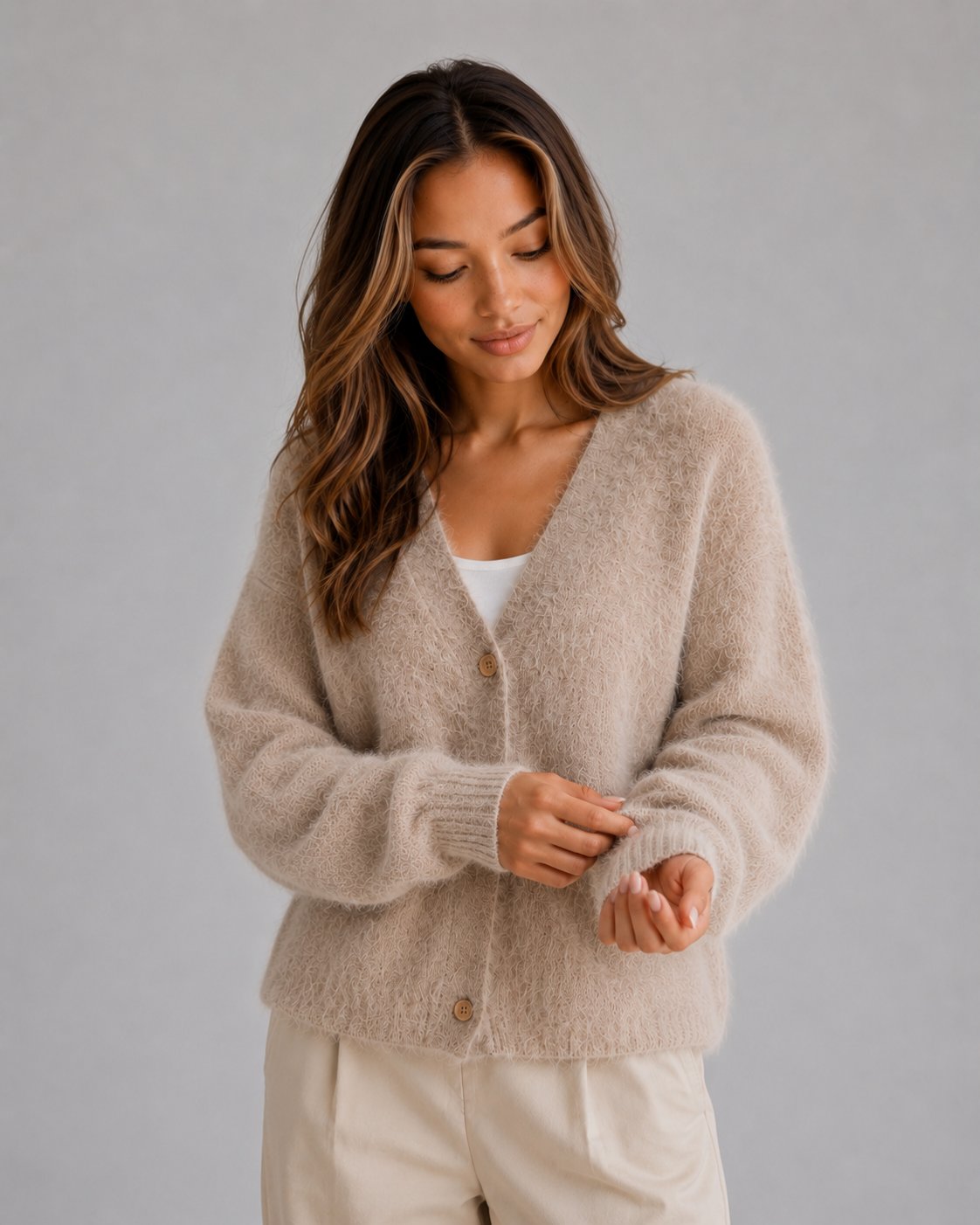 Hetta Fluffy V-Neck Button-Front Cardigan - Khaki