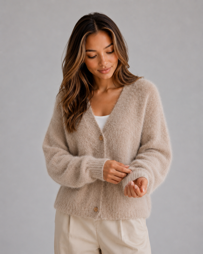 Hetta Fluffy V-Neck Button-Front Cardigan - Khaki