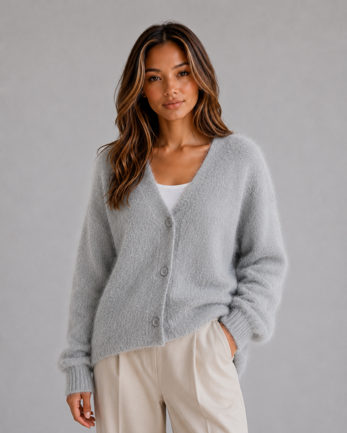 Hetta Fluffy V-Neck Button-Front Cardigan - Light Gray