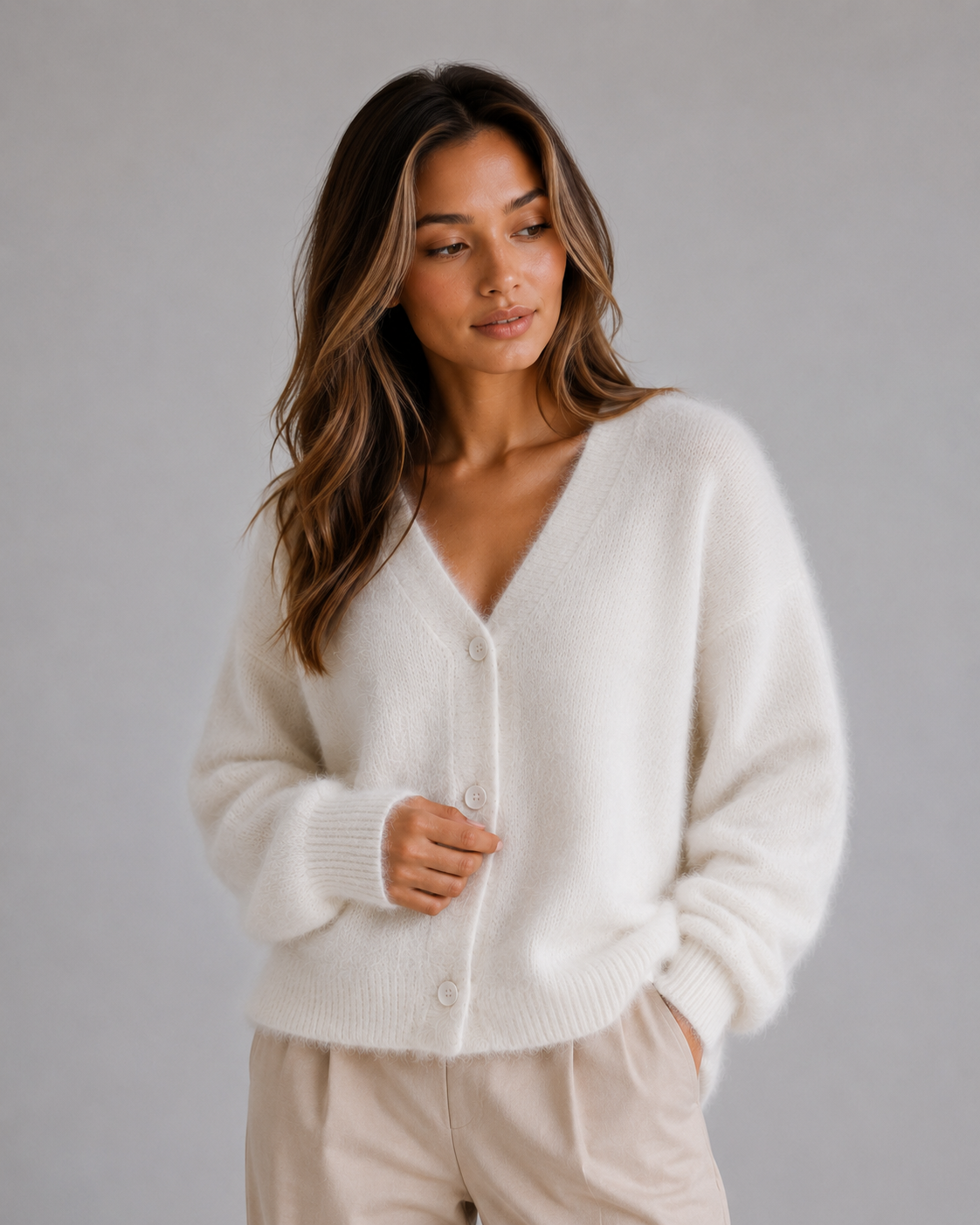 Hetta Fluffy V-Neck Button-Front Cardigan - White