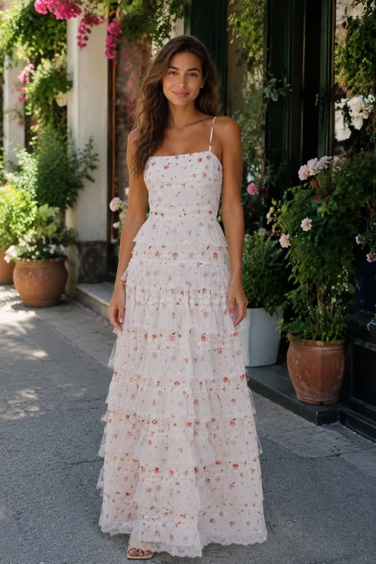 Hilda Tiered Ruffle Floral Maxi Dress - White Floral