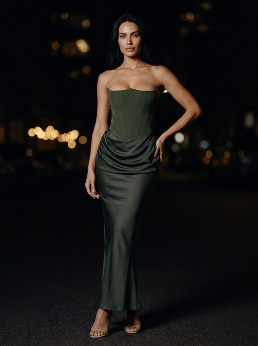 Hollyn Strapless Ruched Maxi Dress - Olive Green