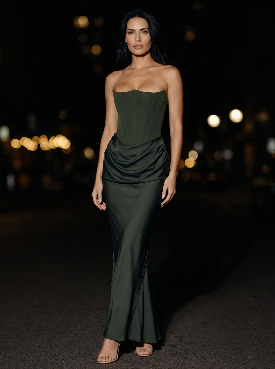 Hollyn Strapless Ruched Maxi Dress - Olive Green