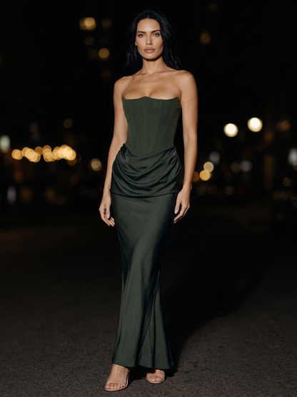 Hollyn Strapless Ruched Maxi Dress - Olive Green