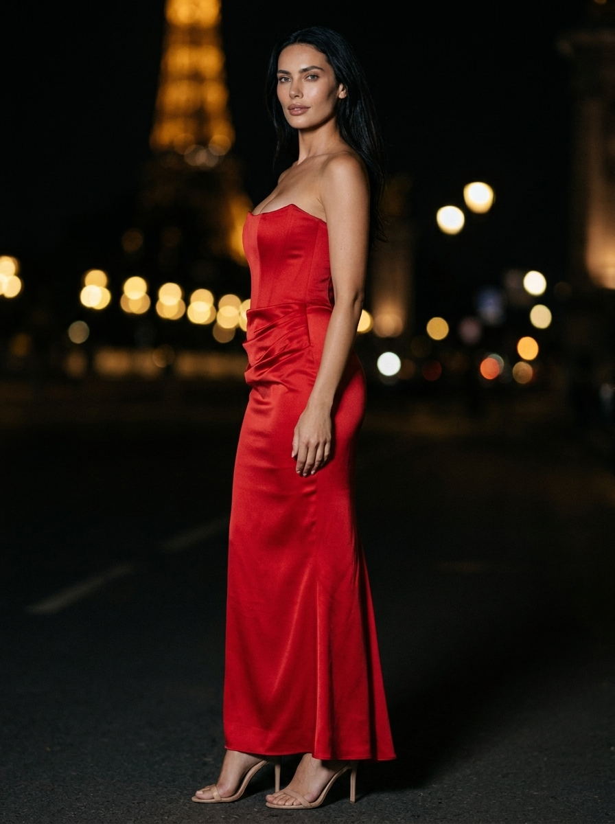 Hollyn Strapless Ruched Maxi Dress - Red
