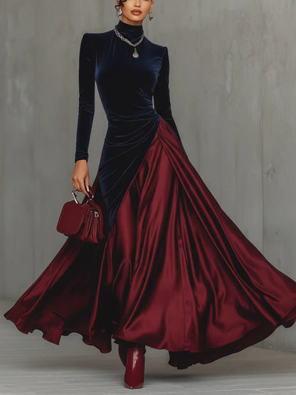 Honoria Velvet Satin Mock Neck Gown - Navy and Burgundy