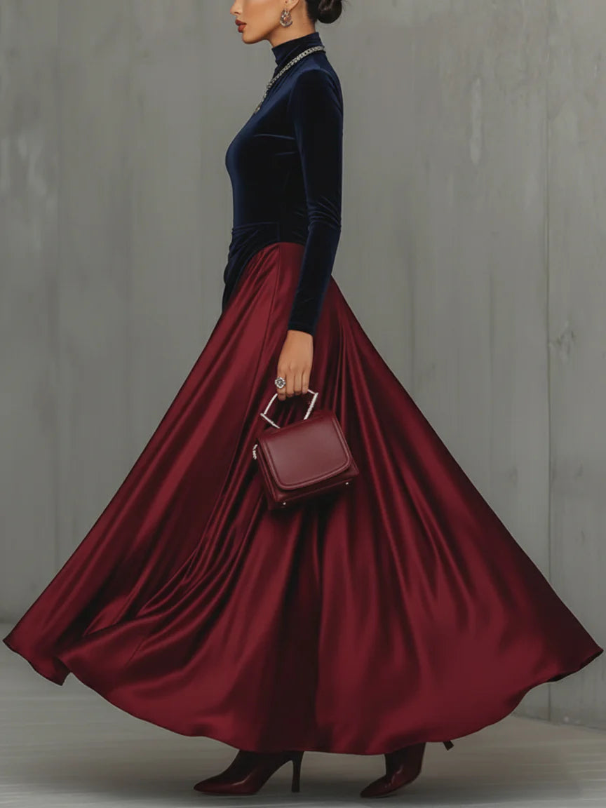 Honoria Velvet Satin Mock Neck Gown - Navy and Burgundy