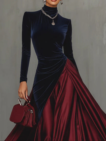 Honoria Velvet Satin Mock Neck Gown - Navy and Burgundy