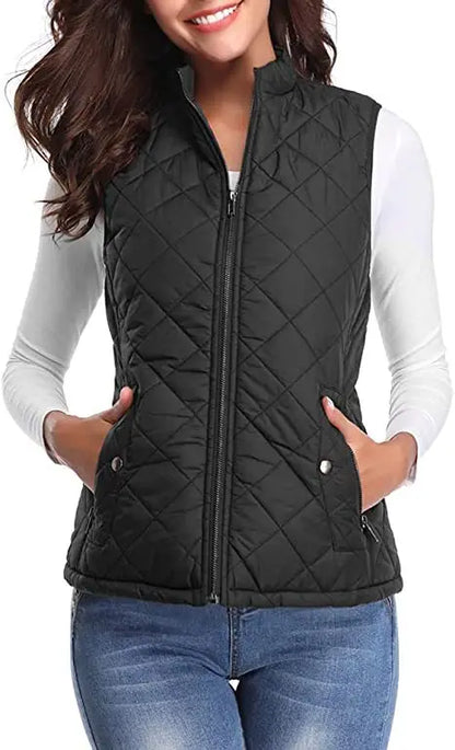 Hulda Quilted Stand Collar Vest Jacket - Black