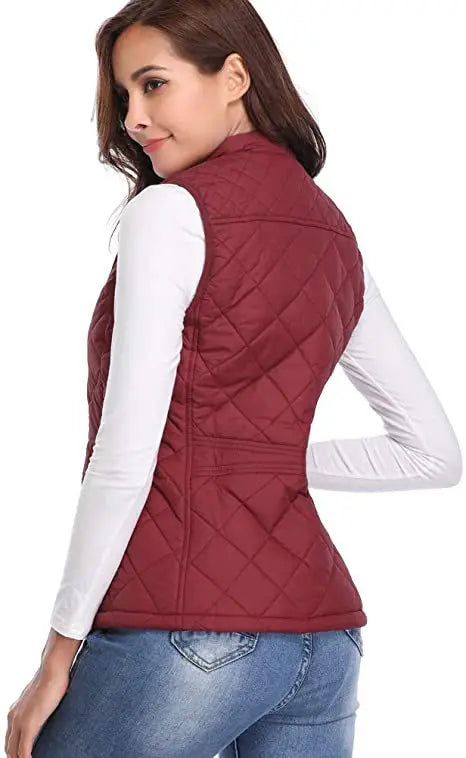 Hulda Quilted Stand Collar Vest Jacket - Burgundy