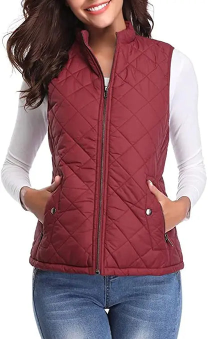 Hulda Quilted Stand Collar Vest Jacket - Burgundy