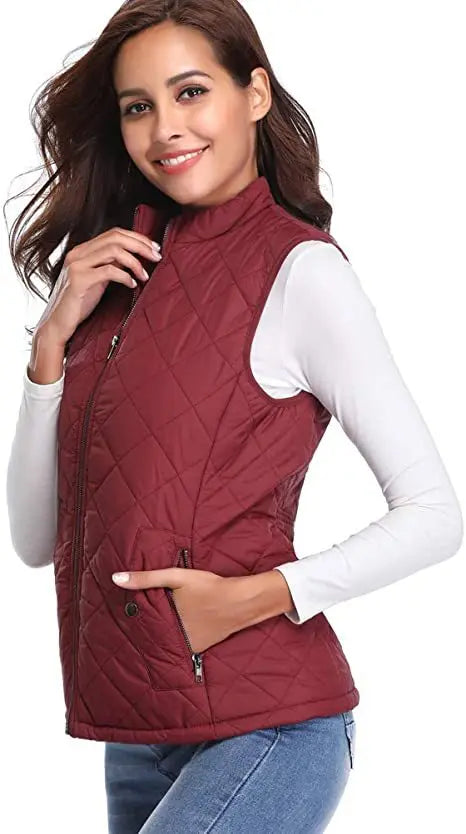 Hulda Quilted Stand Collar Vest Jacket - Burgundy