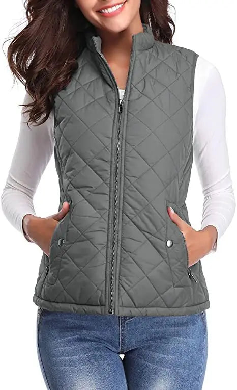 Hulda Quilted Stand Collar Vest Jacket - Charcoal Gray