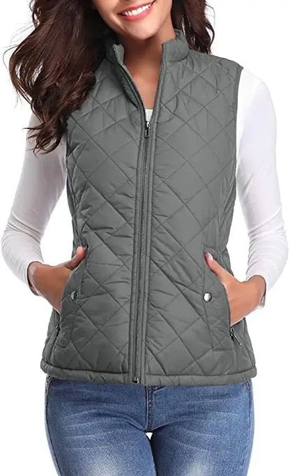 Hulda Quilted Stand Collar Vest Jacket - Charcoal Gray