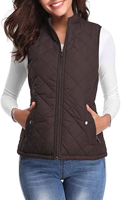 Hulda Quilted Stand Collar Vest Jacket - Chocolate Brown