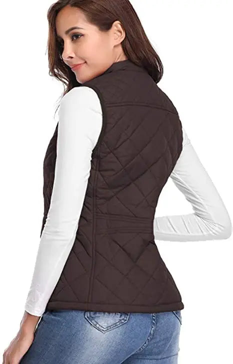 Hulda Quilted Stand Collar Vest Jacket - Chocolate Brown